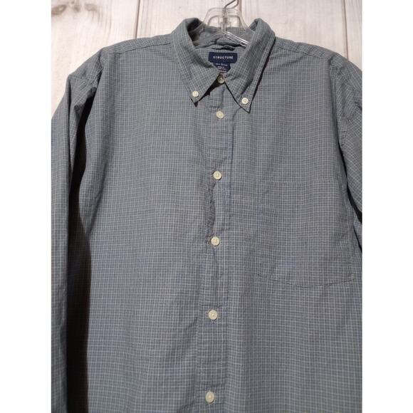 Structure Shirt Mens Large Blue Gray Check Button Down Long Sleeve Casual 90s - Picture 2 of 8